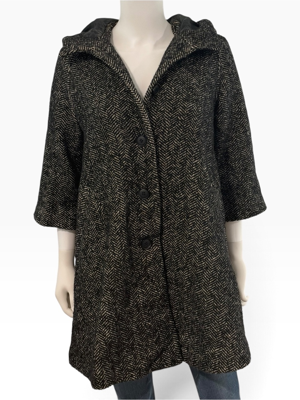 H&M Black and Cream Herringbone Hooded Coat